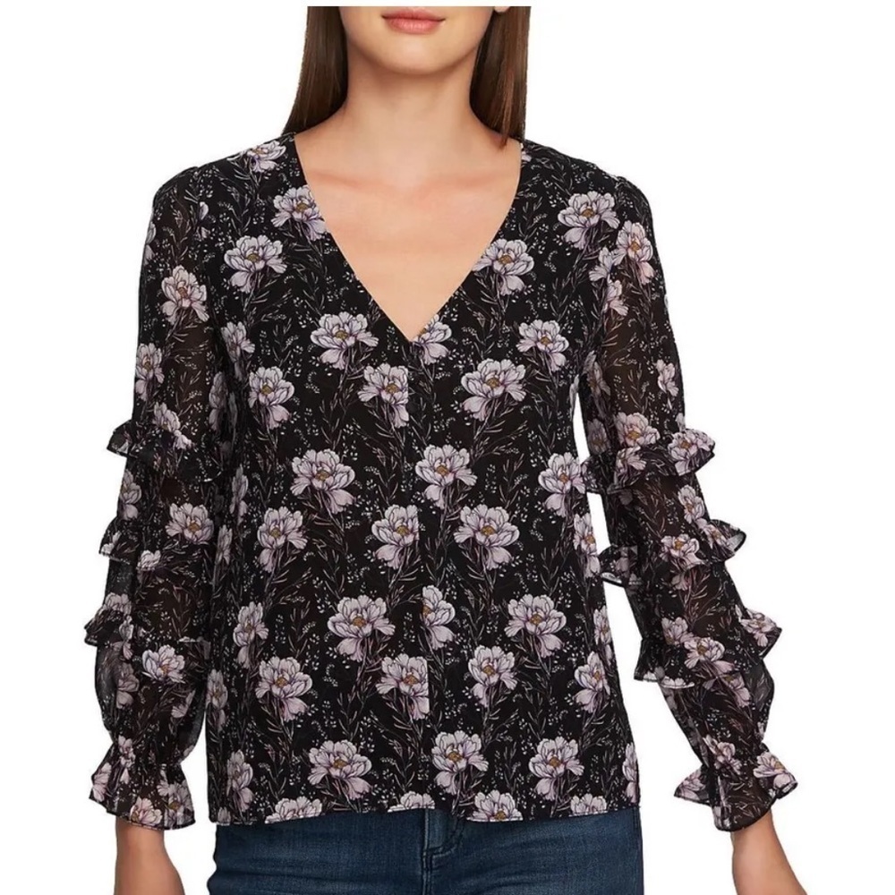 1 STATE Women's Black Multi Floral Print Ruffle-sleeve Blouse Shirt Top Size XXS